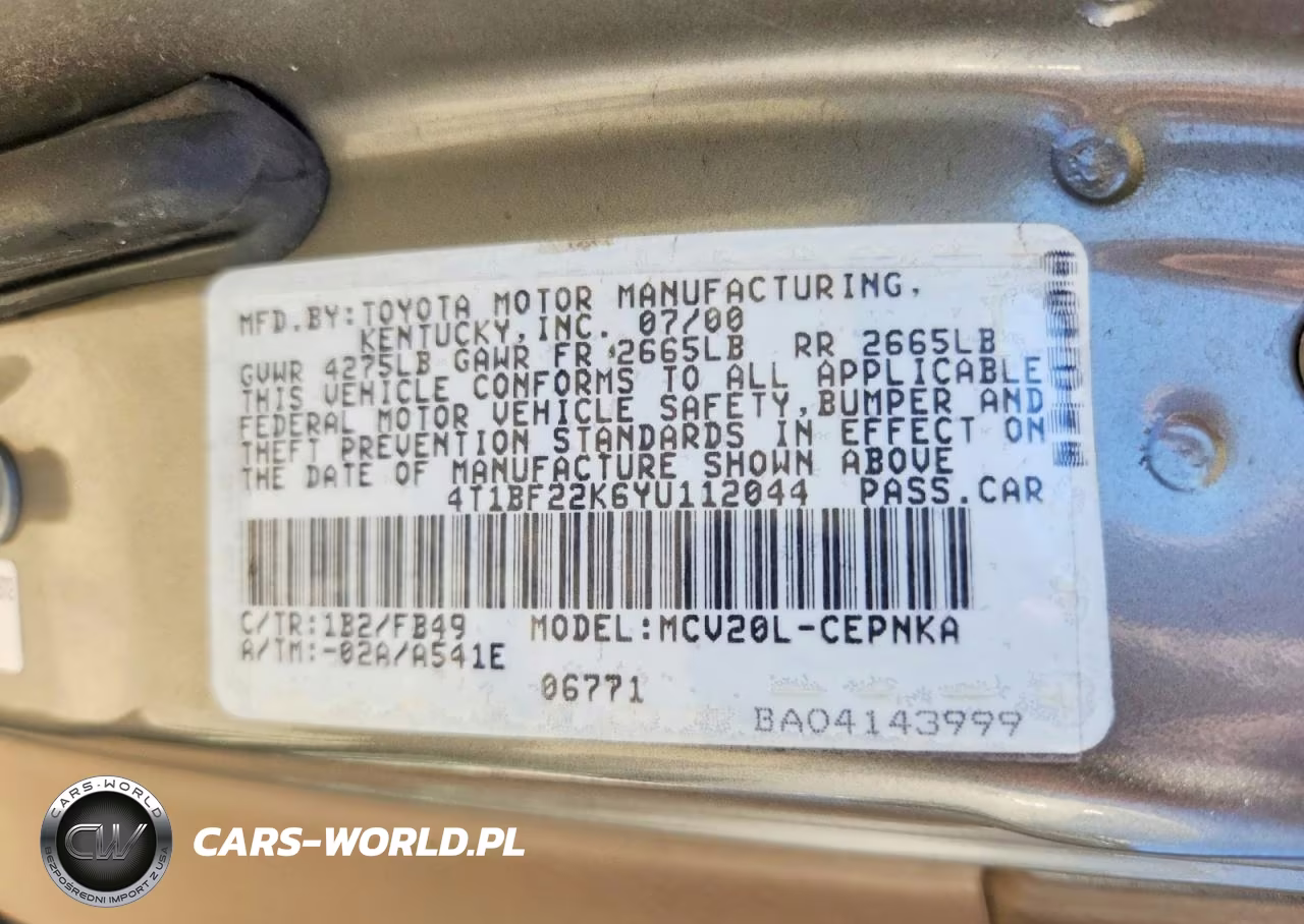 2000 Toyota Camry Le V6 VIN:4T1BF22K6YU112044 - 12