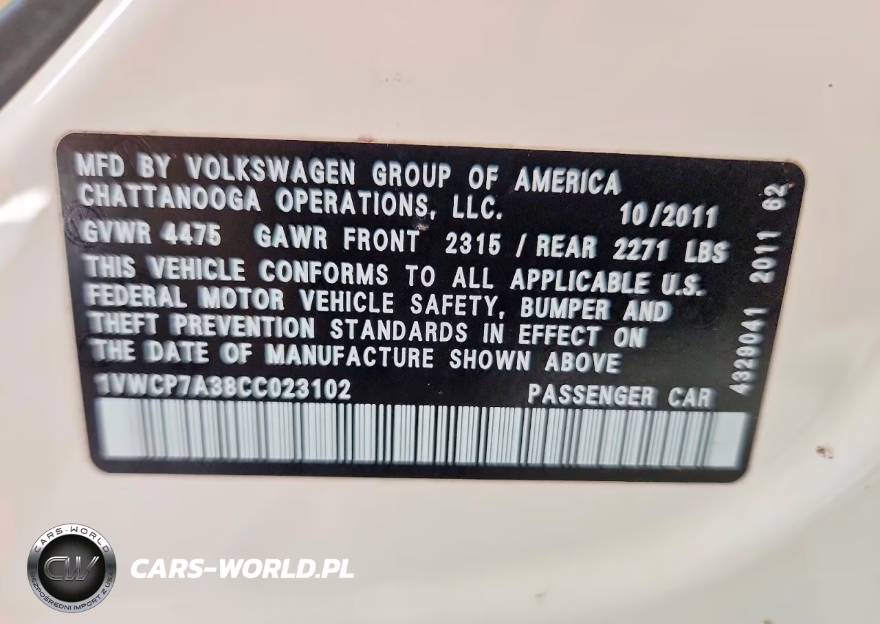2012 Volkswagen Passat Sel VIN:1VWCP7A38CC023102 - 12
