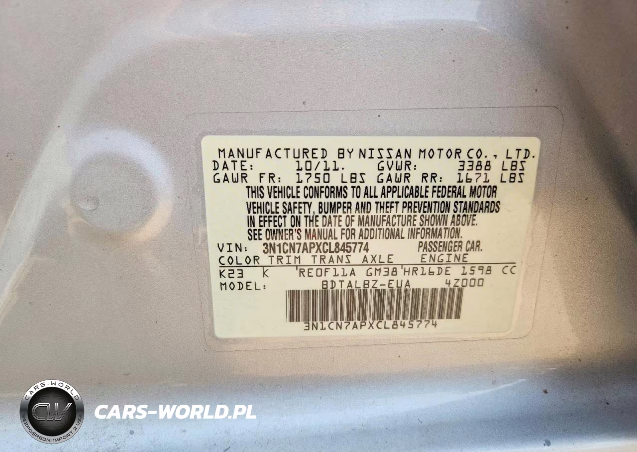 2012 Nissan Versa 1.6 S VIN:3N1CN7APXCL845774 - 12