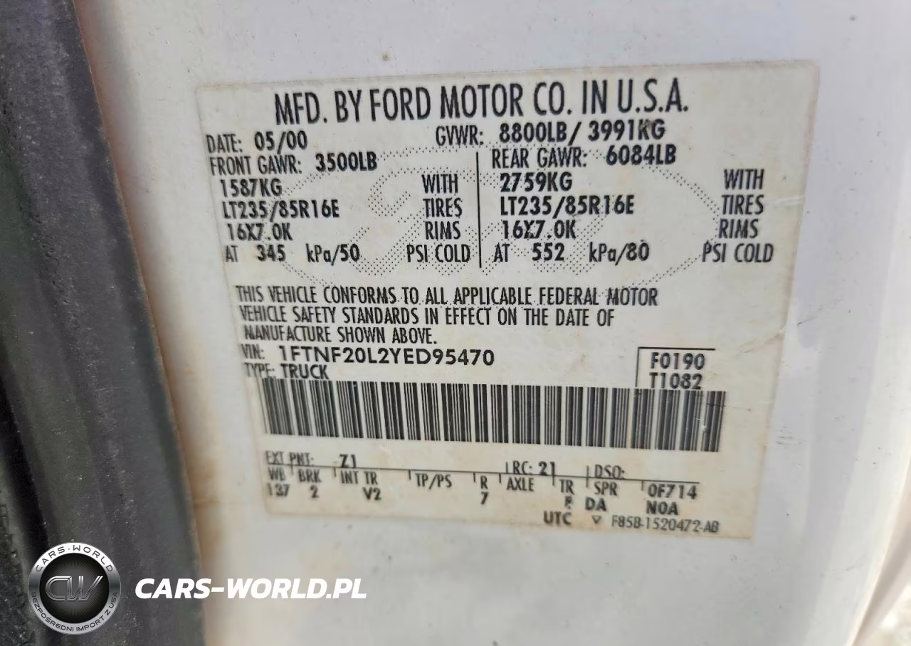 2000 Ford F250 Super Duty VIN:1FTNF20L2YED95470 - 13