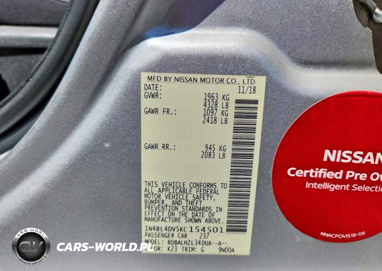 2019 Nissan Altima Sv VIN:1N4BL4DV5KC154501 - 12