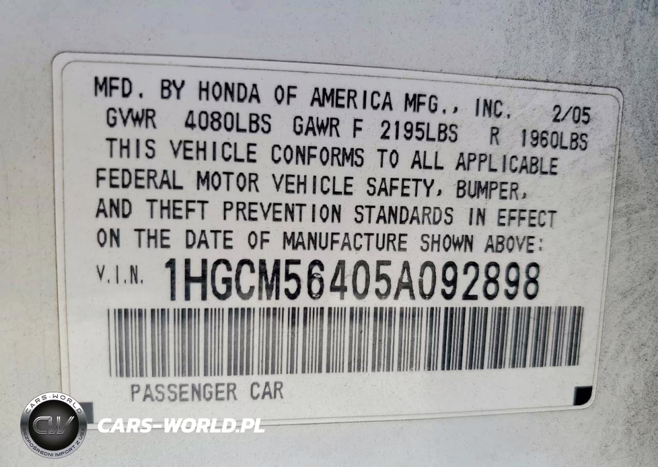 2005 Honda Accord Lx VIN:1HGCM56405A092898 - 12