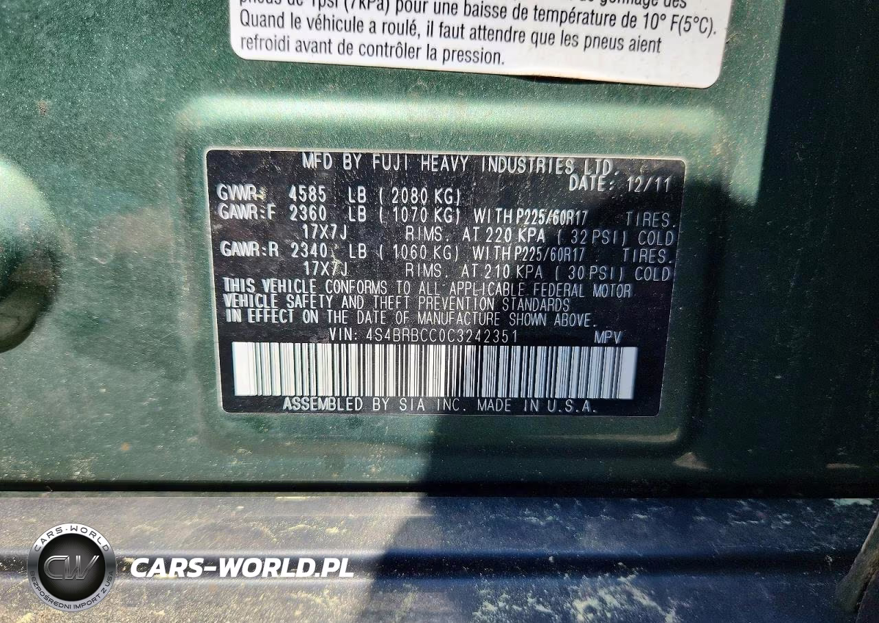 2012 Subaru Outback 2.5I Premium VIN:4S4BRBCC0C3242351 - 13