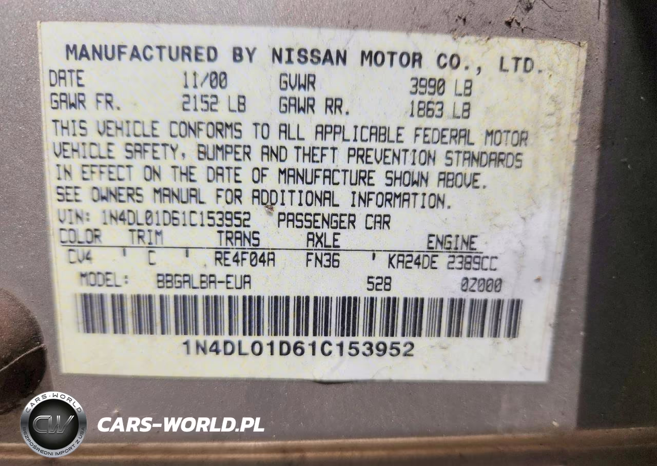 2001 Nissan Altima Xe VIN:1N4DL01D61C153952 - 12