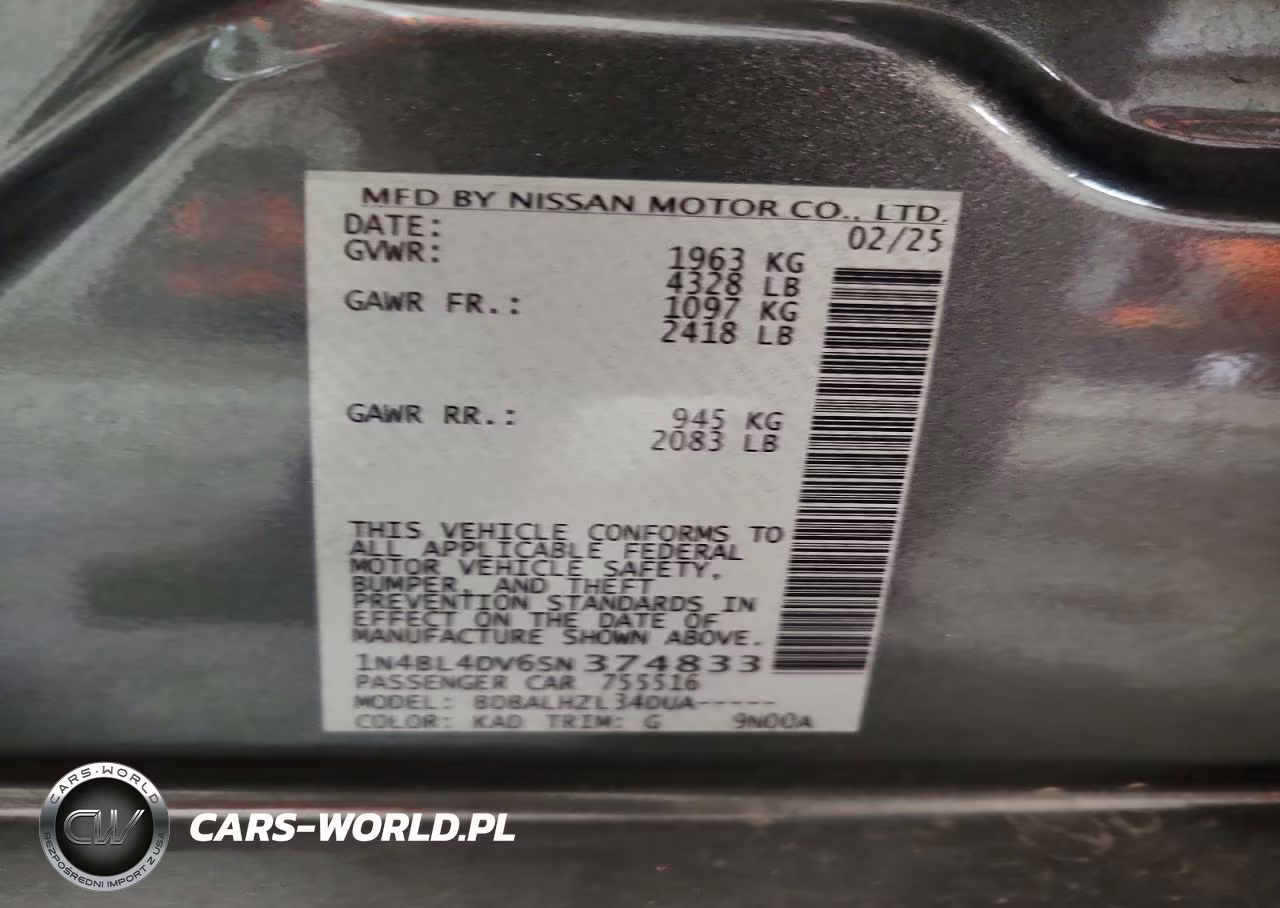 2025 Nissan Altima Sv VIN:1N4BL4DV6SN374833 - 12