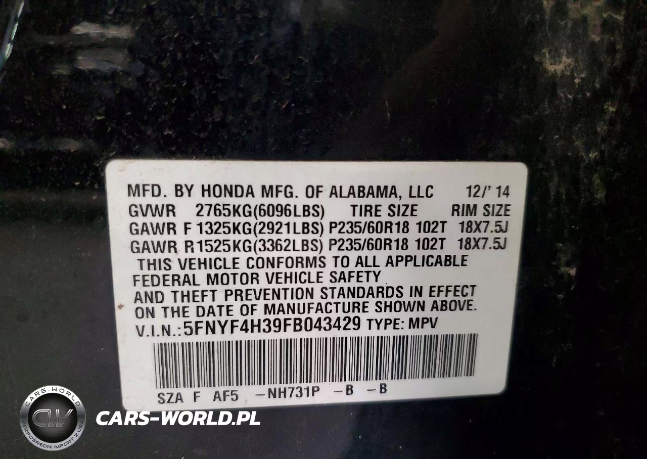 2015 Honda Pilot Se VIN:5FNYF4H39FB043429 - 14