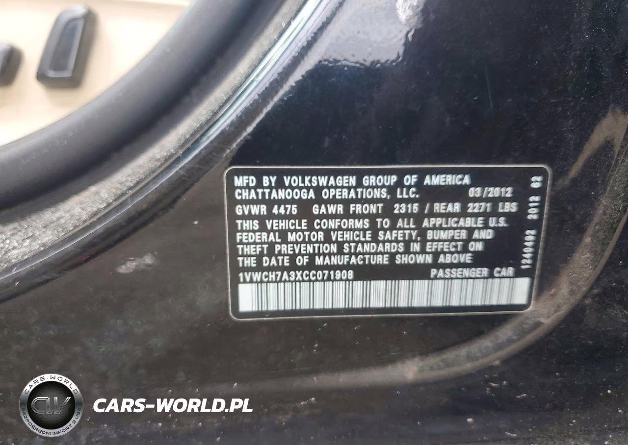 2012 Volkswagen Passat Sel VIN:1VWCH7A3XCC071908 - 12