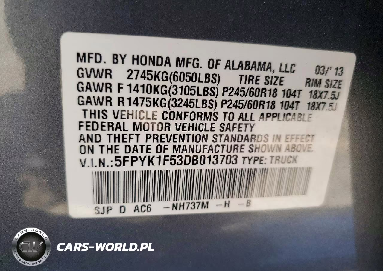 2013 Honda Ridgeline Rtl VIN:5FPYK1F53DB013703 - 12