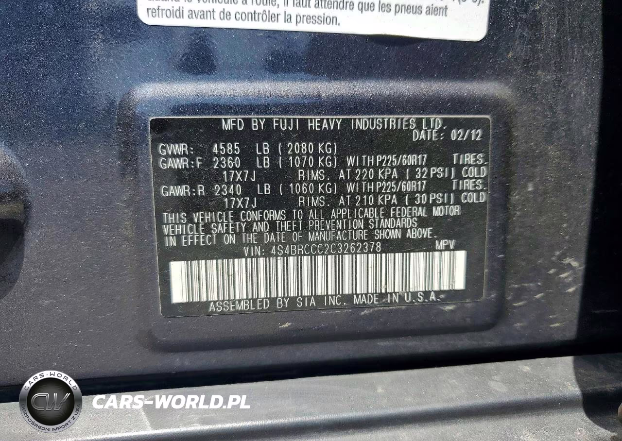 2012 Subaru Outback 2.5I Premium VIN:4S4BRCCC2C3262378 - 12