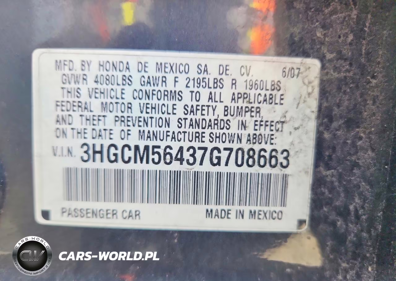 2007 Honda Accord Lx VIN:3HGCM56437G708663 - 12