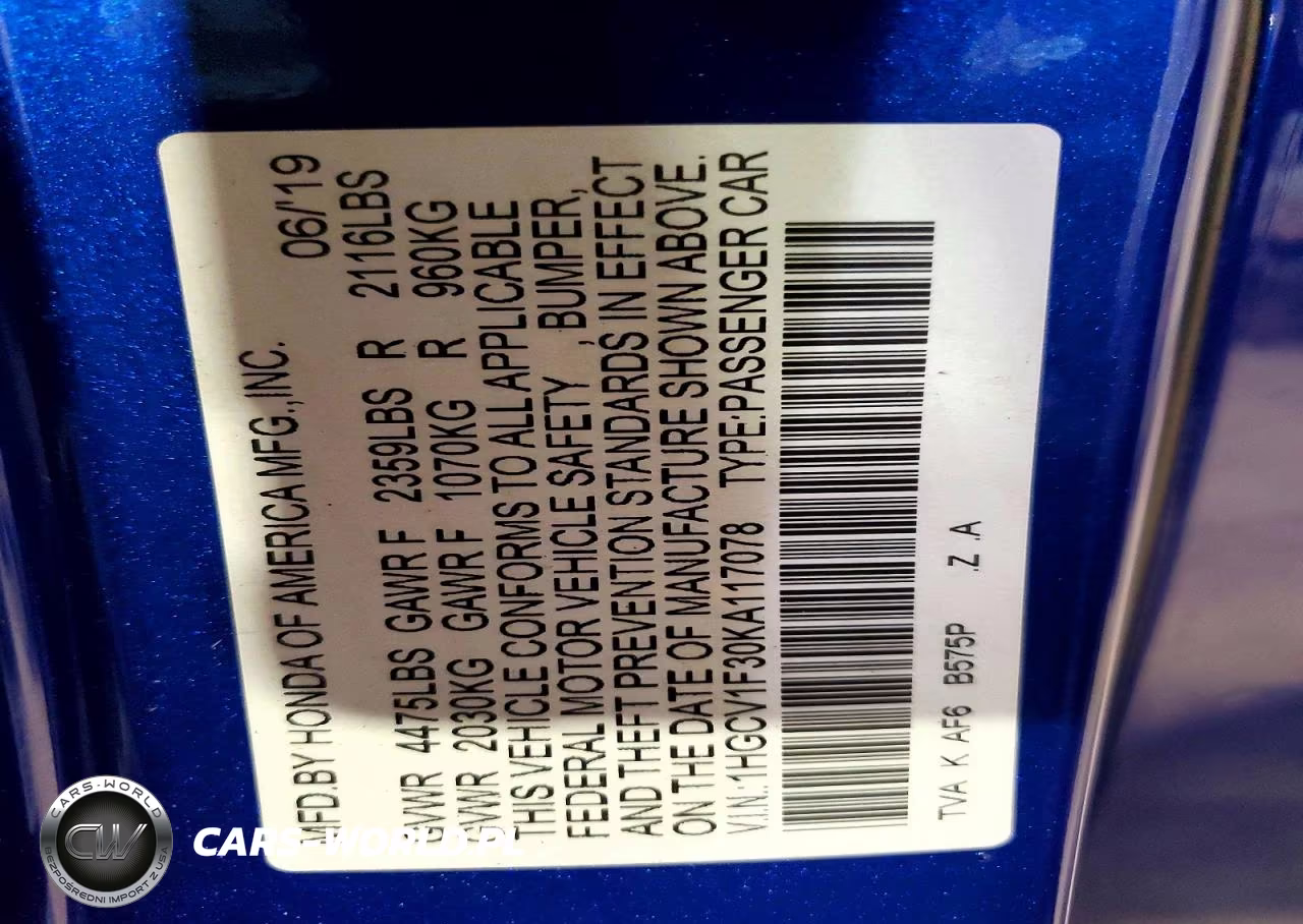 2019 Honda Accord Sport VIN:1HGCV1F30KA117078 - 12