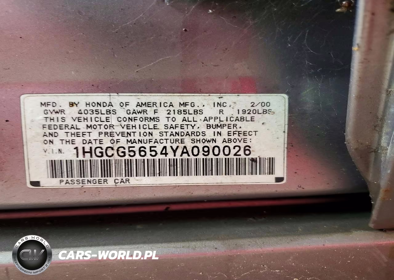 2000 Honda Accord Ex VIN:1HGCG5654YA090026 - 12