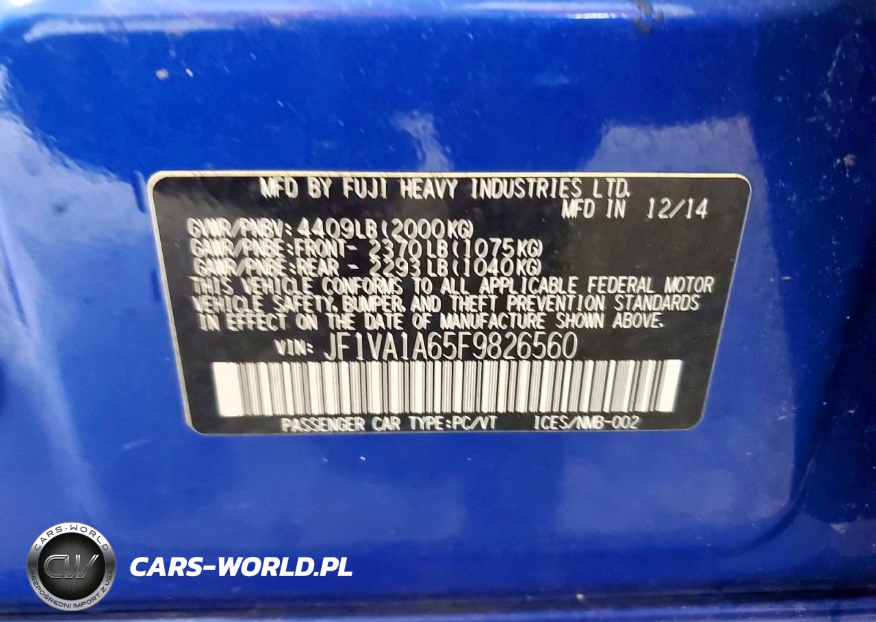 2015 Subaru Wrx VIN:JF1VA1A65F9826560 - 12