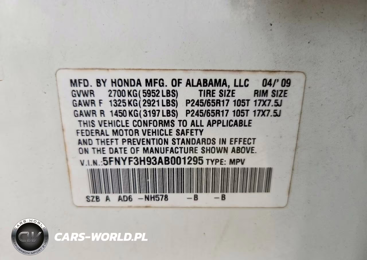 HONDA PILOT VIN:5FNYF3H93AB001295 - 14