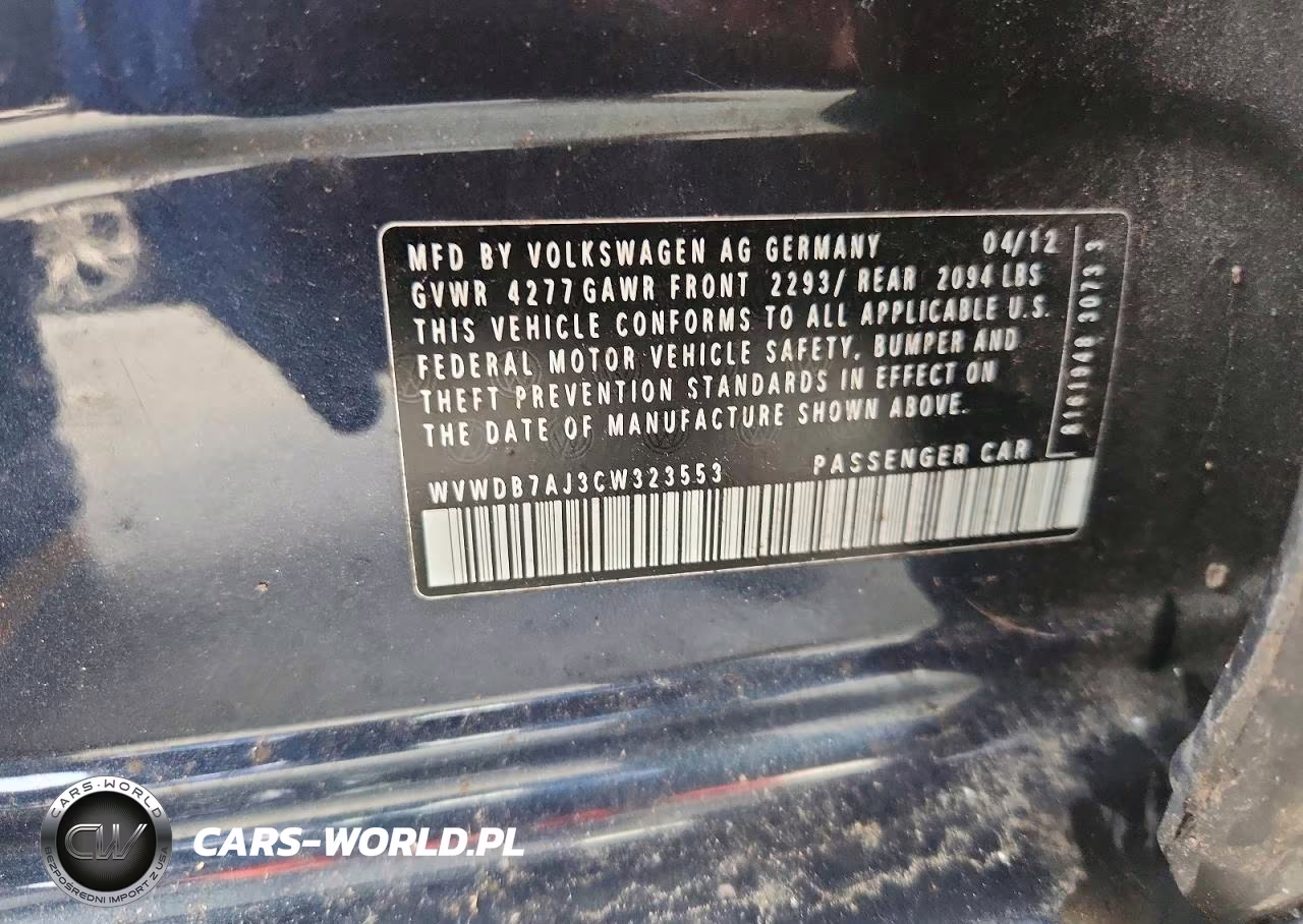 2012 Volkswagen Golf VIN:WVWDB7AJ3CW323553 - 12
