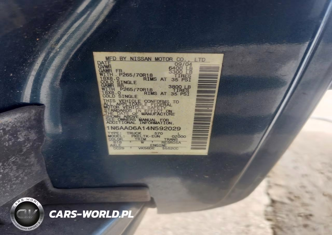 2004 Nissan Titan Xe VIN:1N6AA06A14N592029 - 12