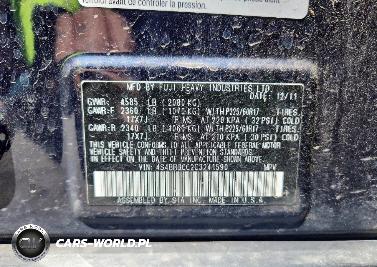 2012 Subaru Outback 2.5I Premium VIN:4S4BRBCC2C3241590 - 13