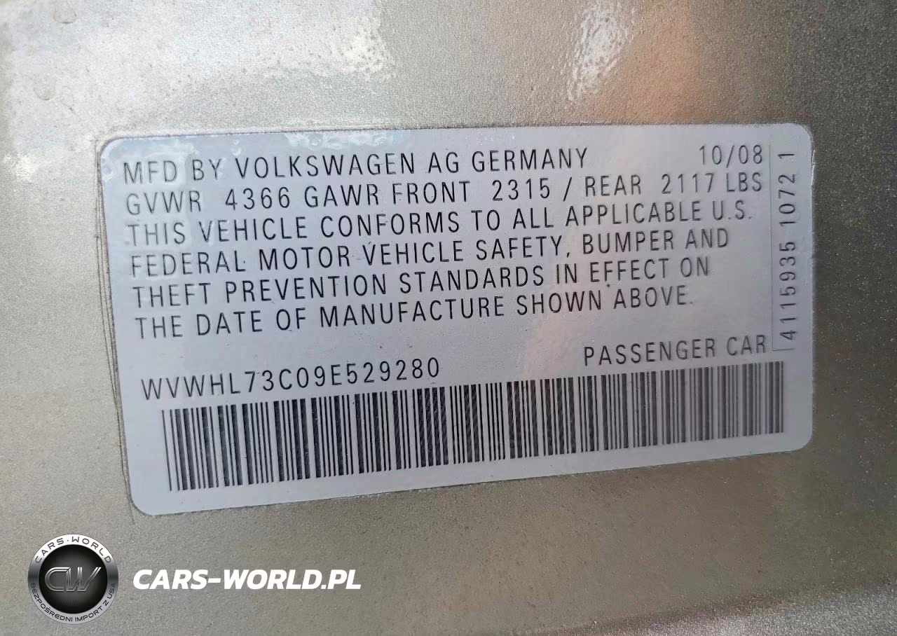 2009 Volkswagen Cc Luxury VIN:WVWHL73C09E529280 - 12
