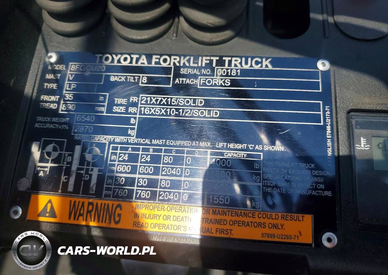2019 Toyota 8Fgcu20 Forklift VIN:00181 - 10