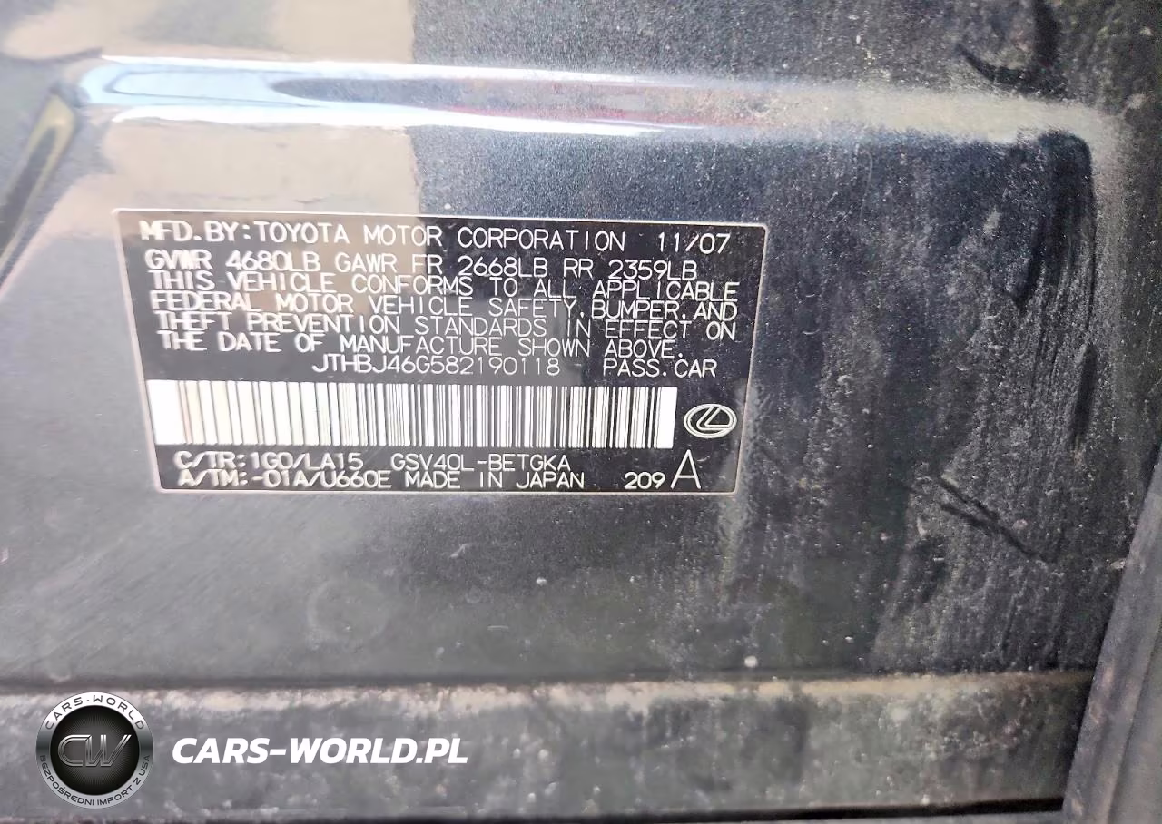 2008 Lexus Es 350 VIN:JTHBJ46G582190118 - 12