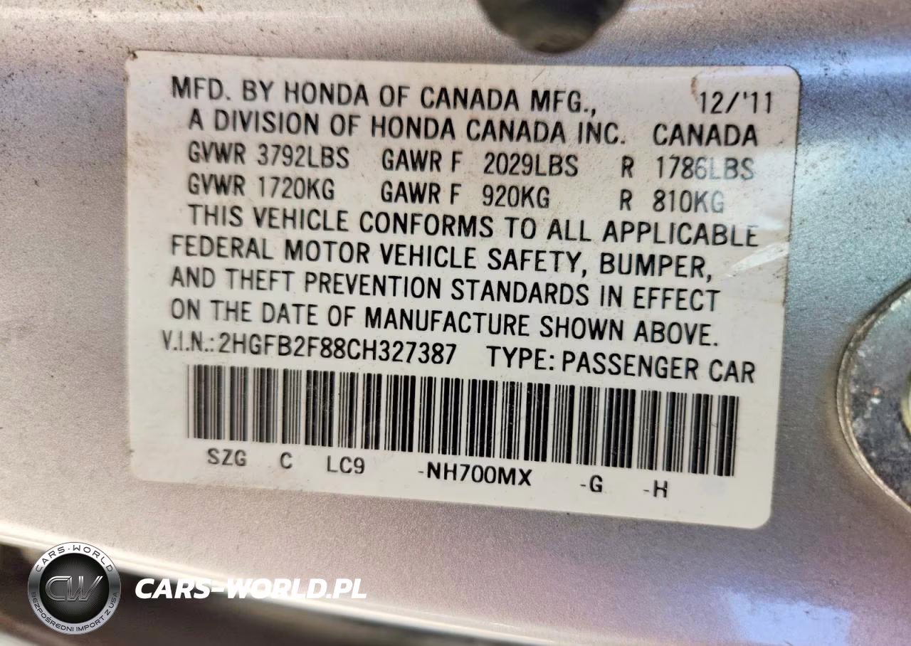 2012 Honda Civic Ex VIN:2HGFB2F88CH327387 - 12