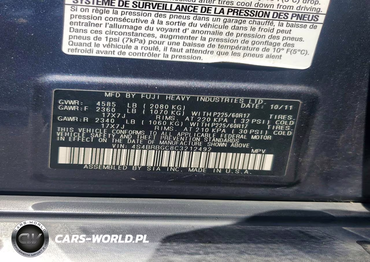 2012 Subaru Outback 2.5I Premium VIN:4S4BRBGC8C3212492 - 12