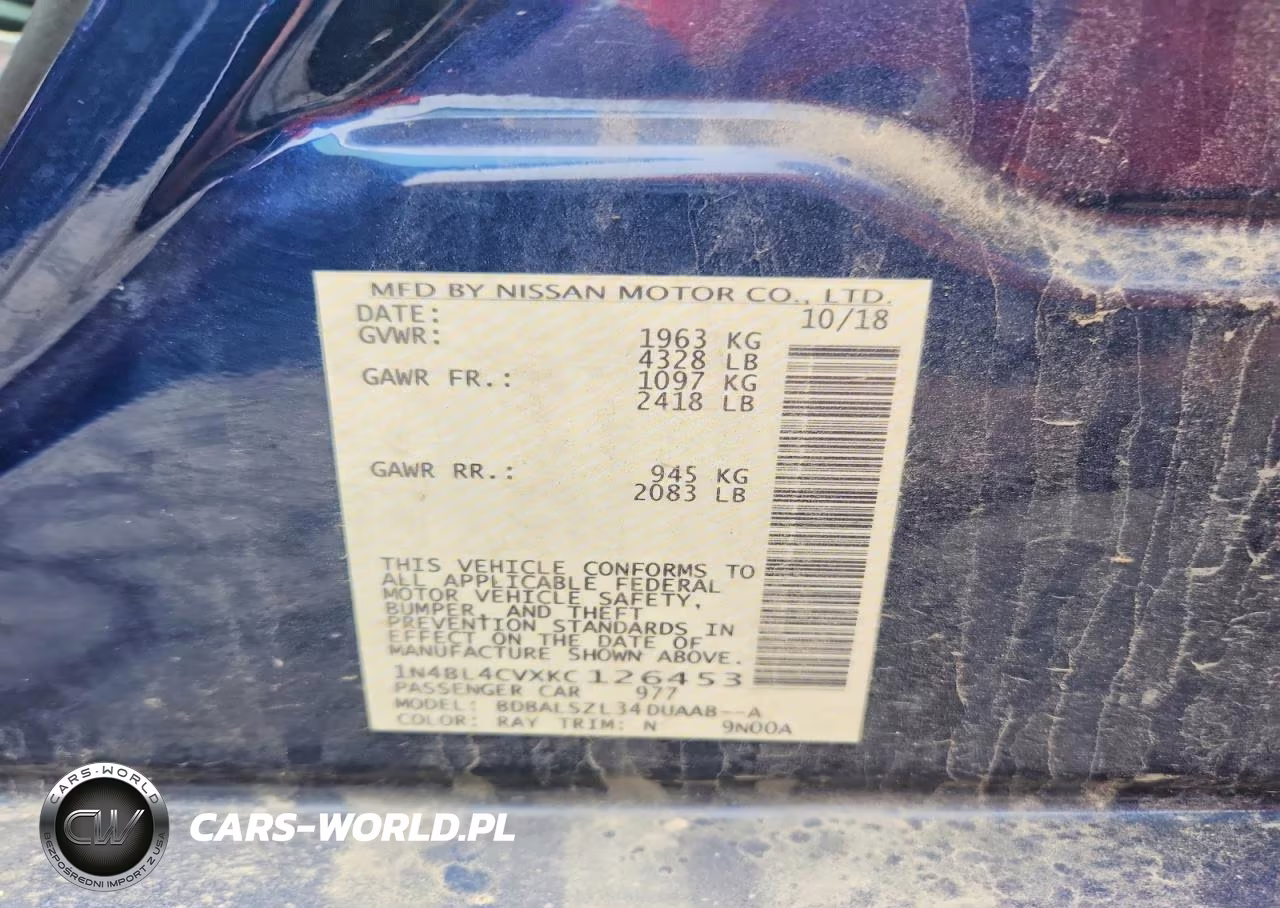 2019 Nissan Altima Sr VIN:1N4BL4CVXKC126453 - 12