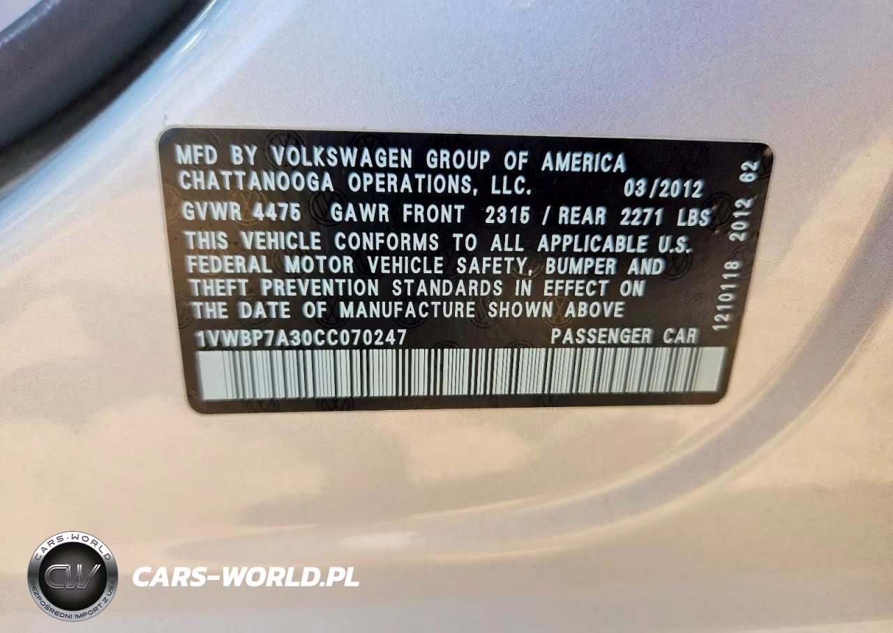 2012 Volkswagen Passat Se VIN:1VWBP7A30CC070247 - 12