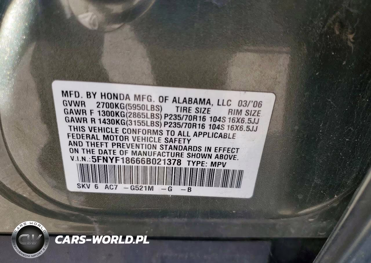 2006 Honda Pilot Ex VIN:5FNYF18666B021378 - 13