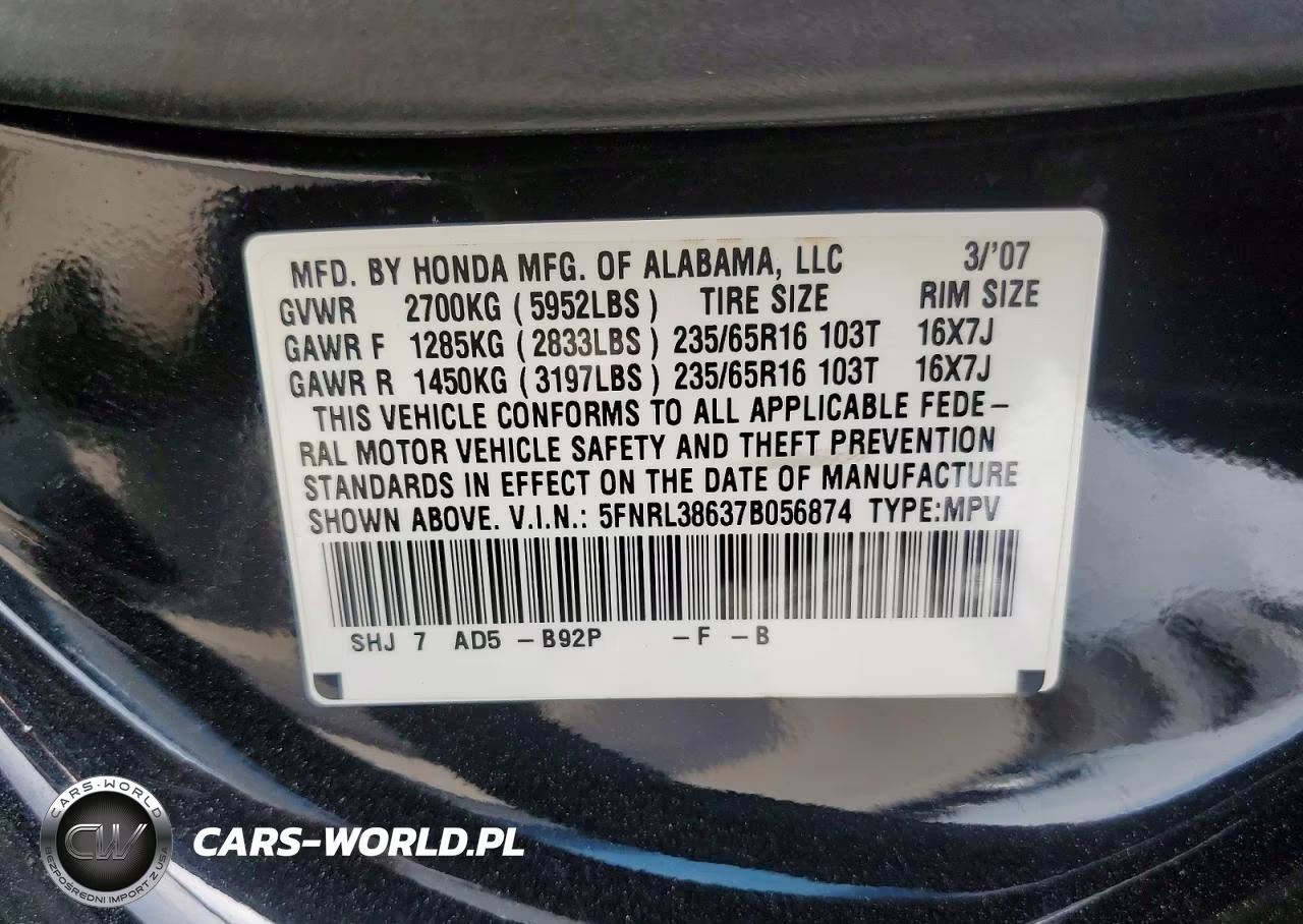 2007 Honda Odyssey Exl VIN:5FNRL38637B056874 - 13