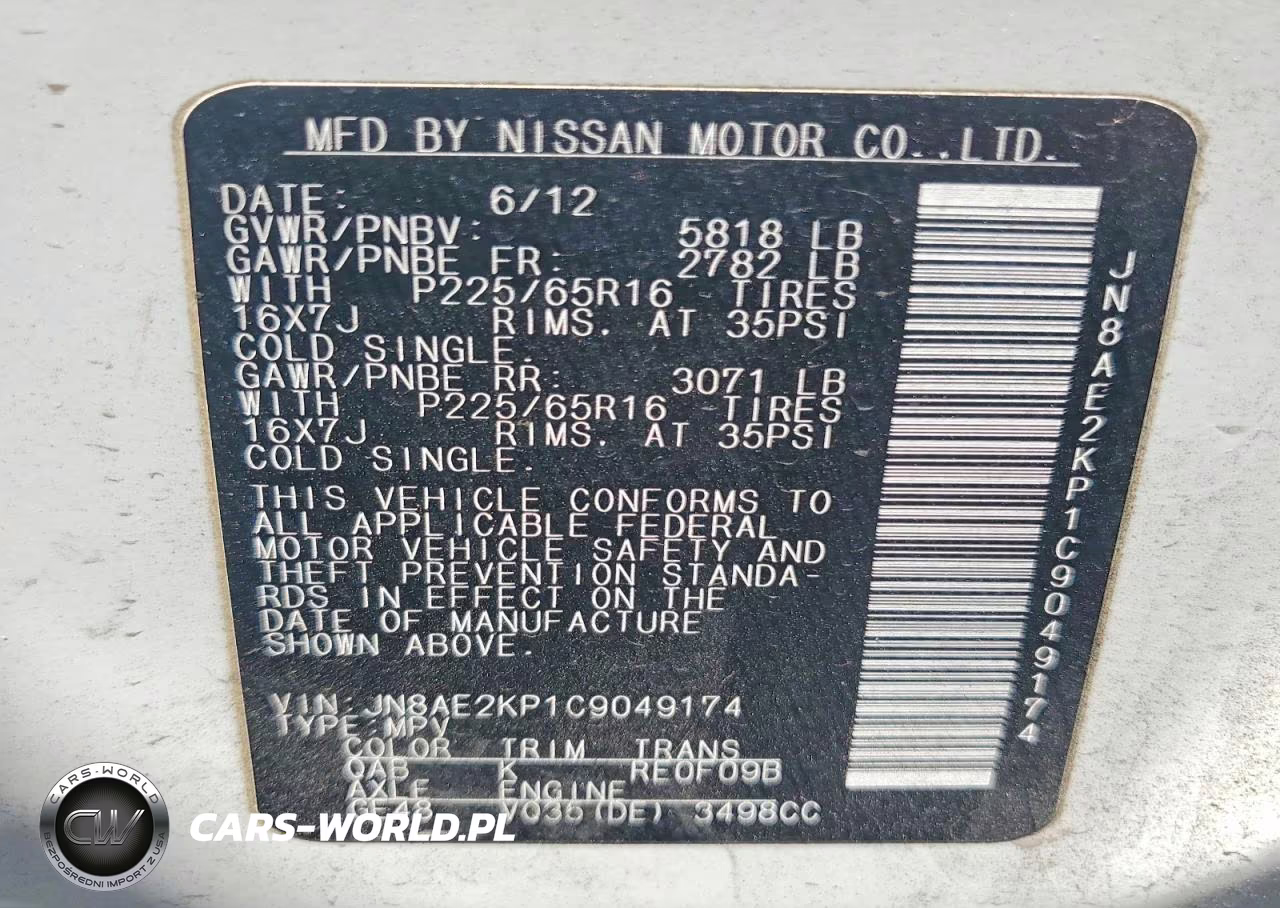 2012 Nissan Quest 3.5 S VIN:JN8AE2KP1C9049174 - 13