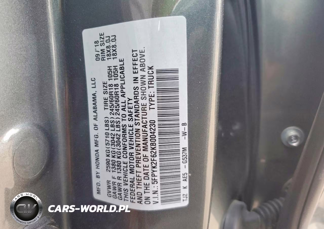 2019 Honda Ridgeline Rtl VIN:5FPYK2F62KB004230 - 12