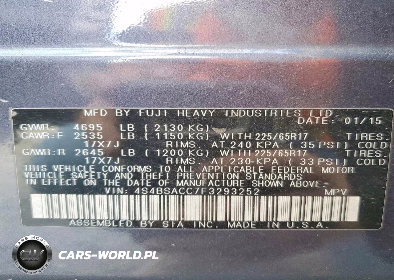 2015 Subaru Outback 2.5I Premium VIN:4S4BSACC7F3293252 - 13