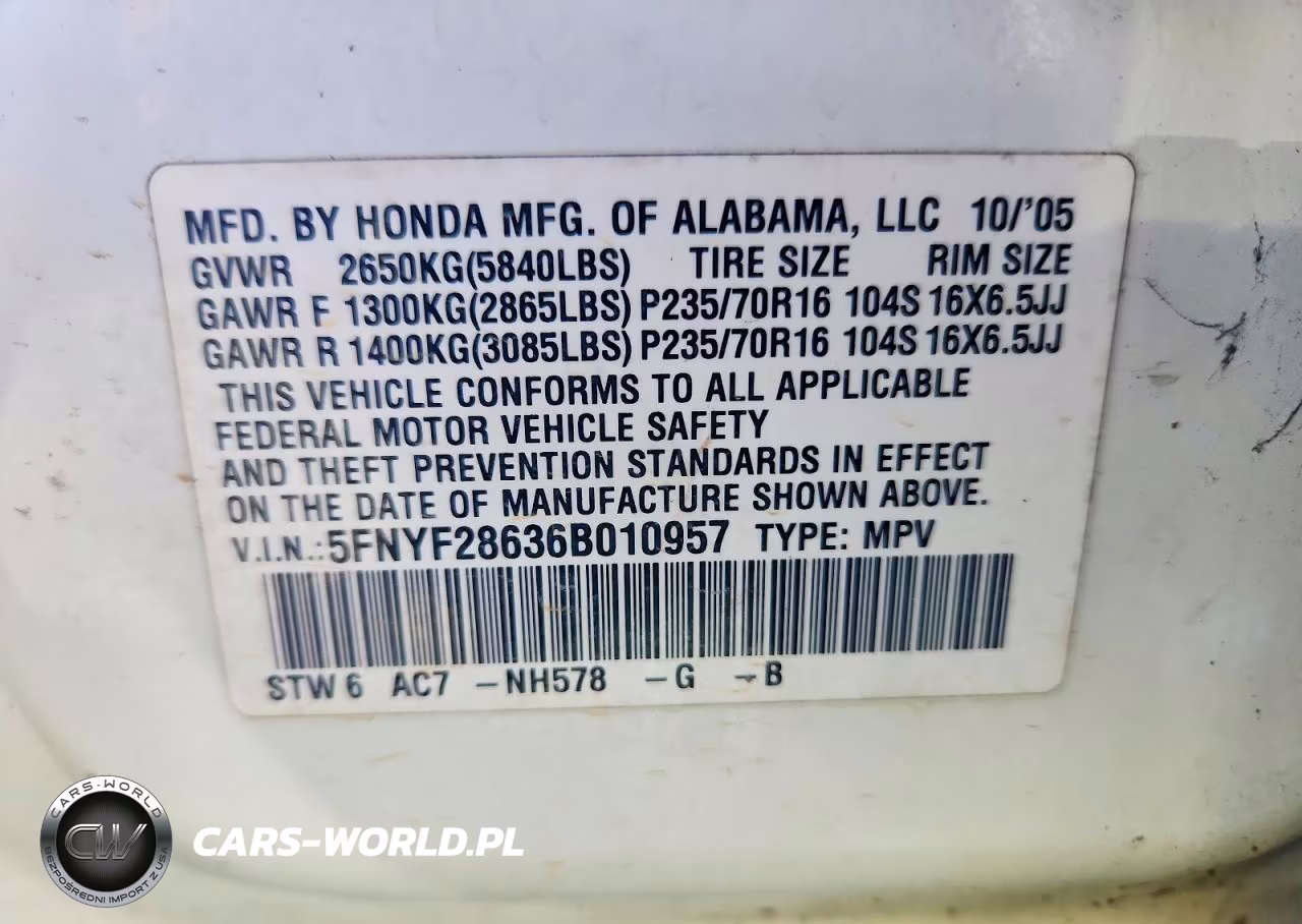 2006 Honda Pilot Ex VIN:5FNYF28636B010957 - 13