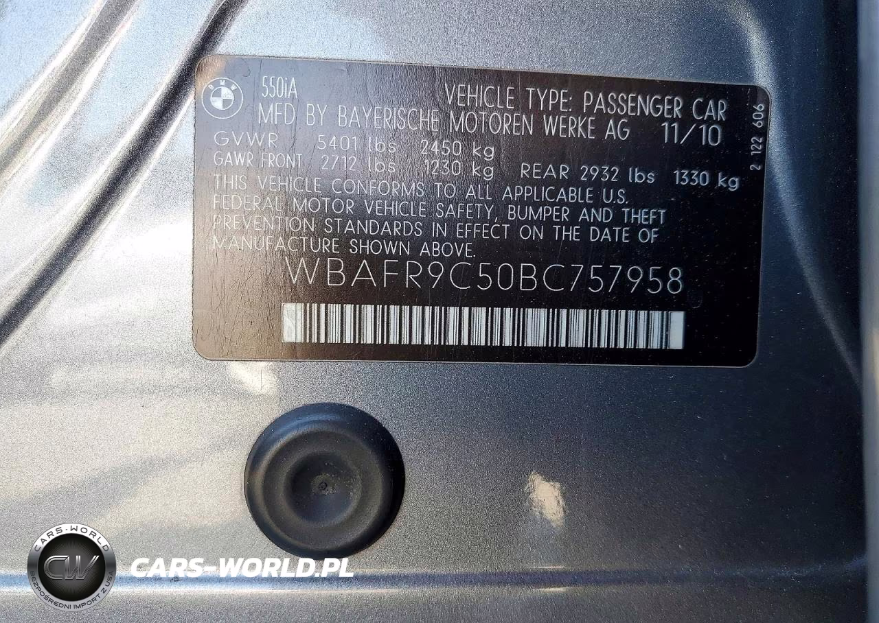 2011 BMW 550 I VIN:WBAFR9C50BC757958 - 12