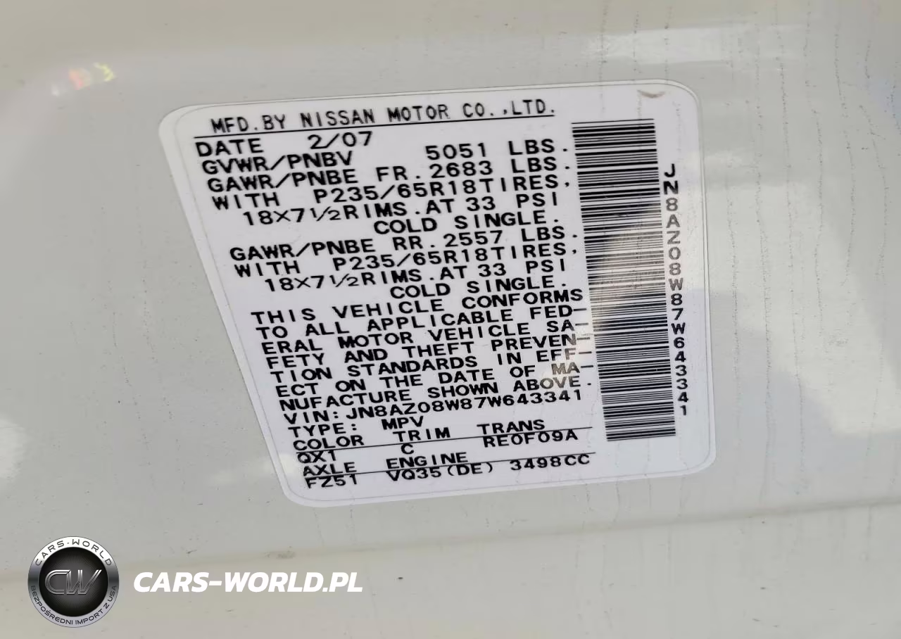 2007 Nissan Murano S VIN:JN8AZ08W87W643341 - 13