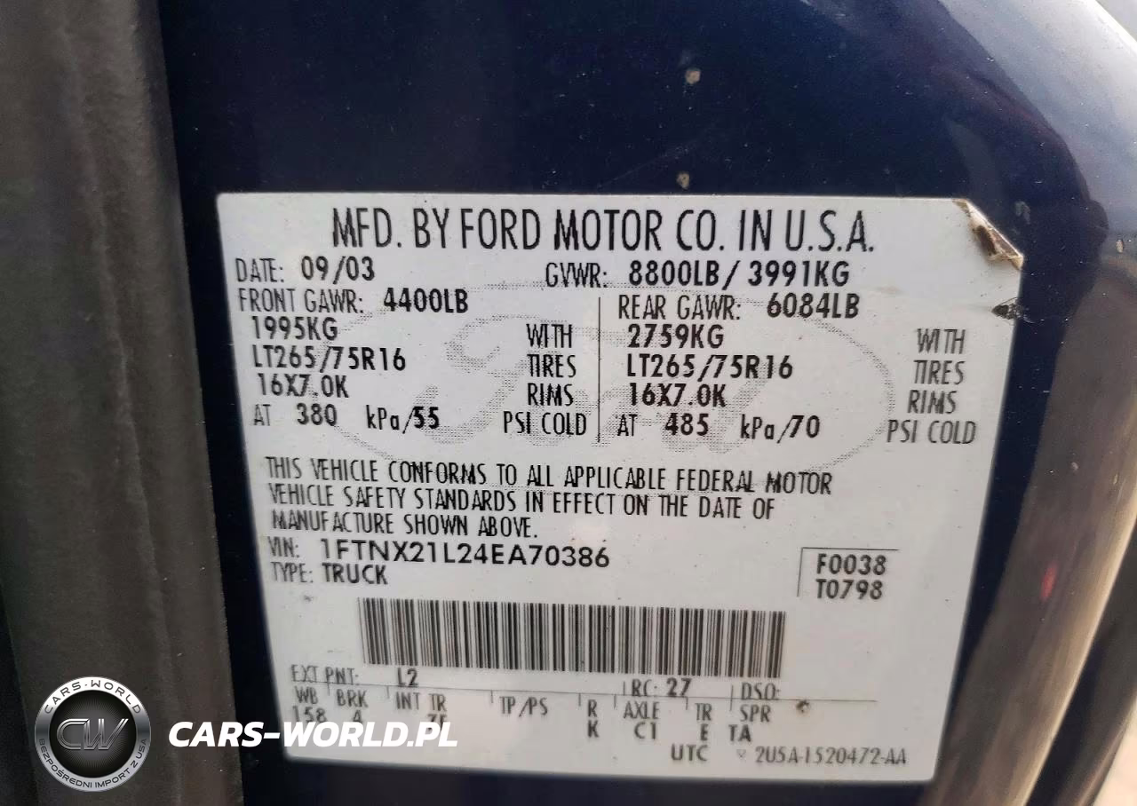2004 Ford F250 Super Duty VIN:1FTNX21L24EA70386 - 12