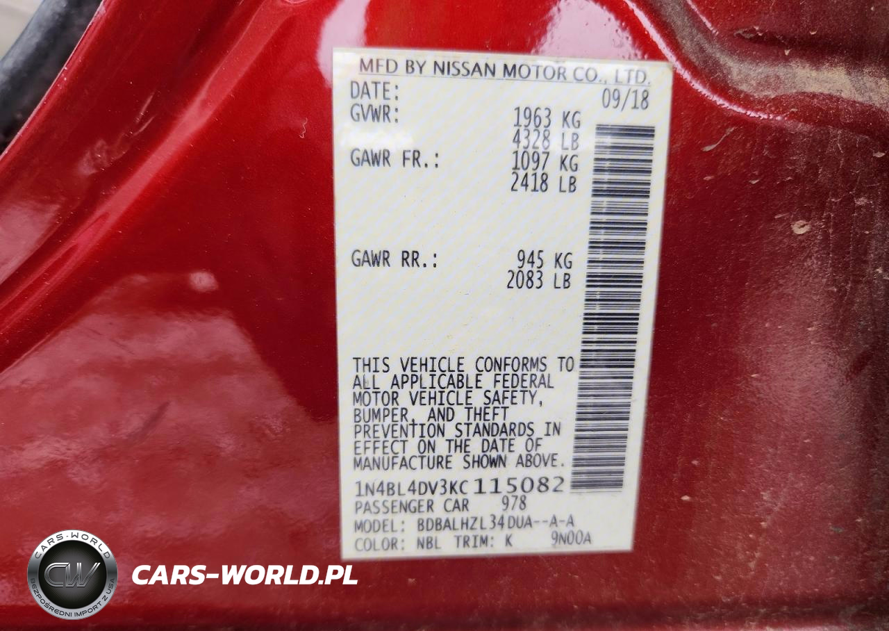 2019 Nissan Altima Sv VIN:1N4BL4DV3KC115082 - 12