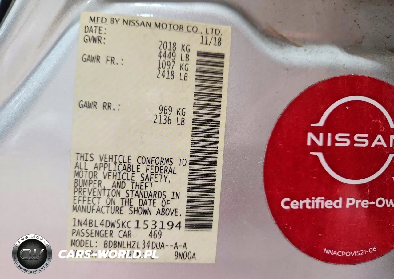 2019 Nissan Altima Sv VIN:1N4BL4DW5KC153194 - 12