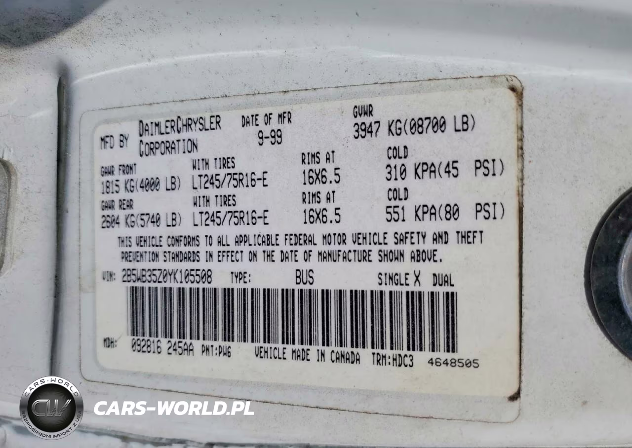 2000 Dodge Ram Wagon B3500 VIN:2B5WB35Z0YK105508 - 13