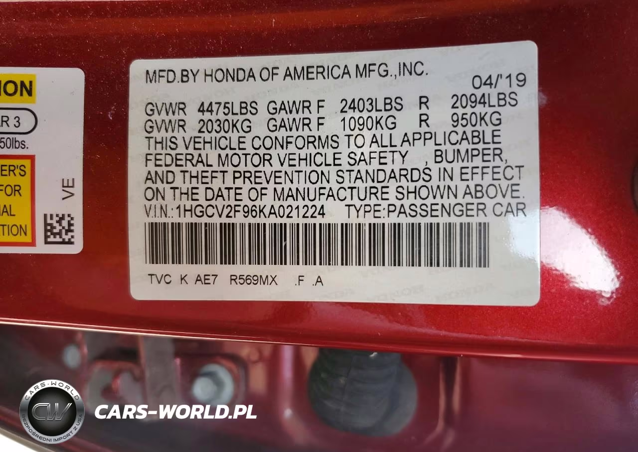 2019 Honda Accord Touring VIN:1HGCV2F96KA021224 - 13