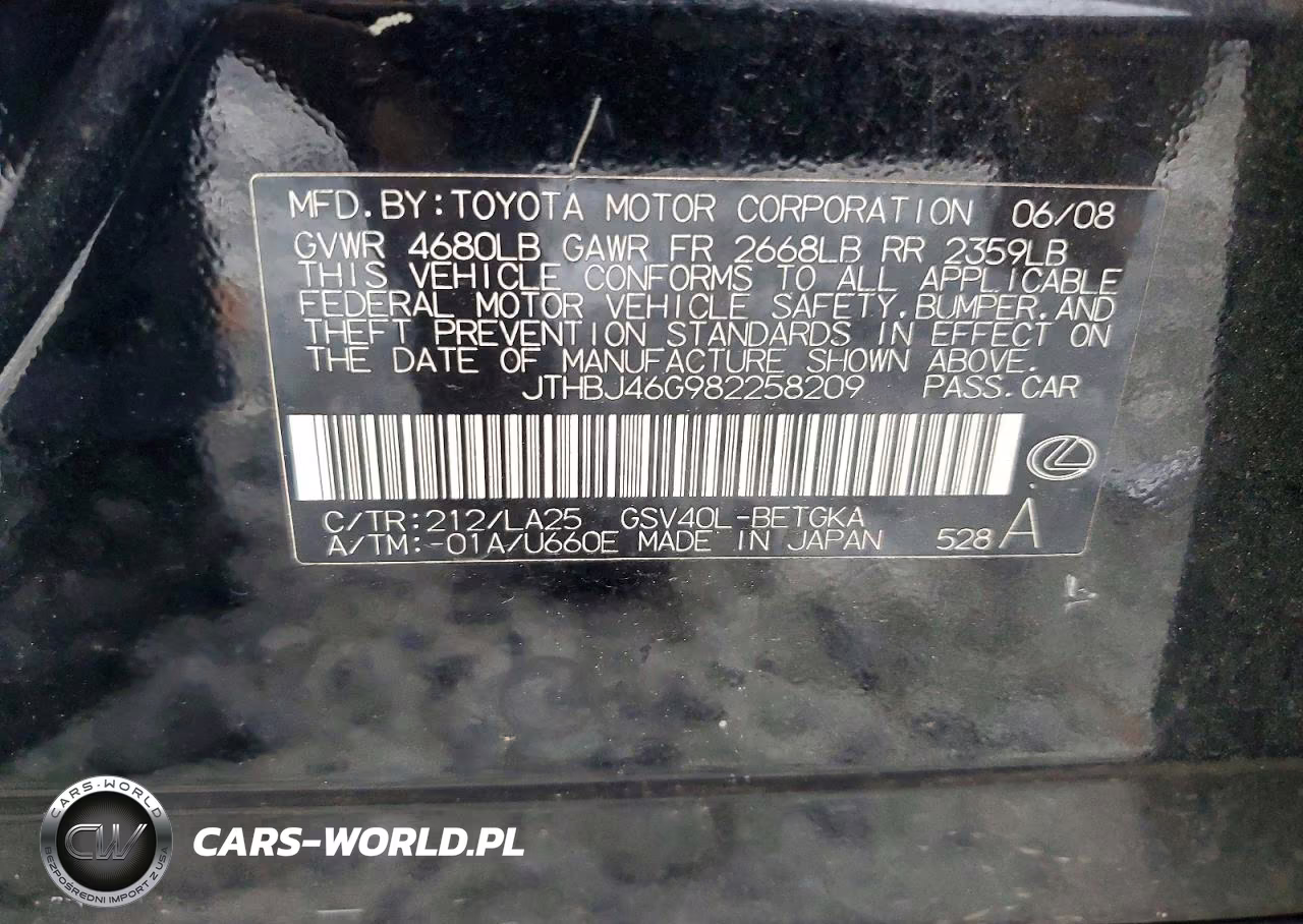 2008 Lexus Es 350 VIN:JTHBJ46G982258209 - 12