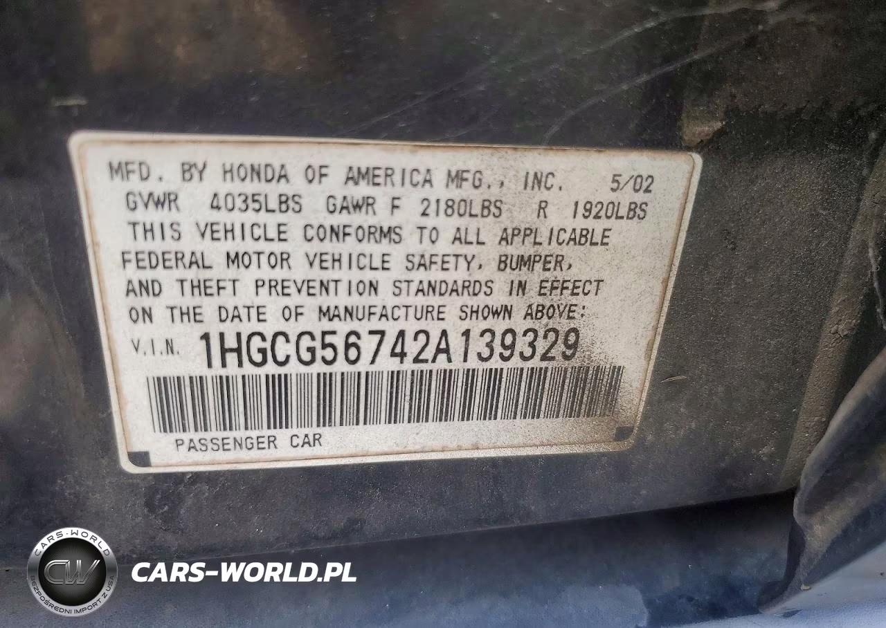 2002 Honda Accord Se VIN:1HGCG56742A139329 - 12