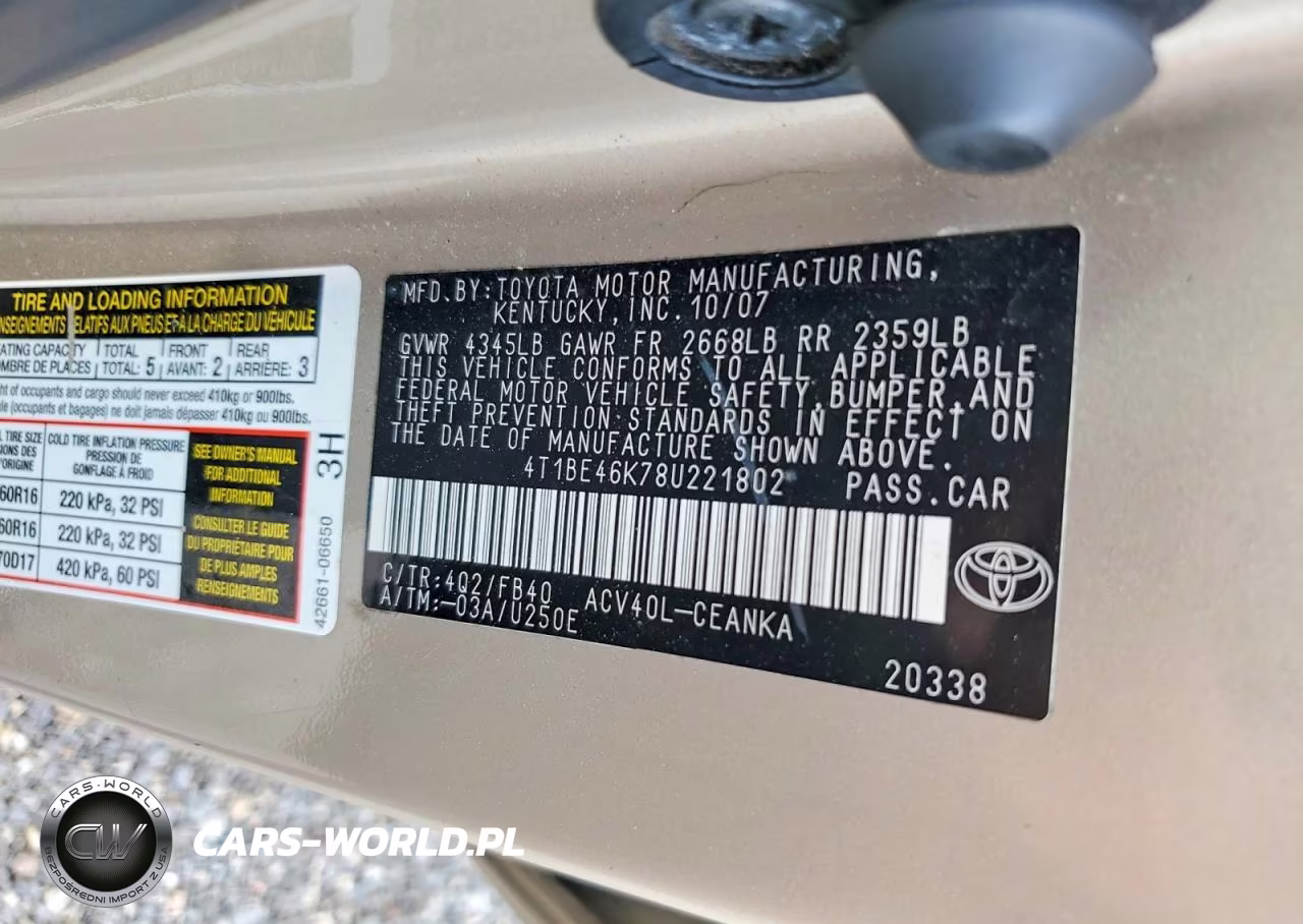 2008 Toyota Camry Base VIN:4T1BE46K78U221802 - 12