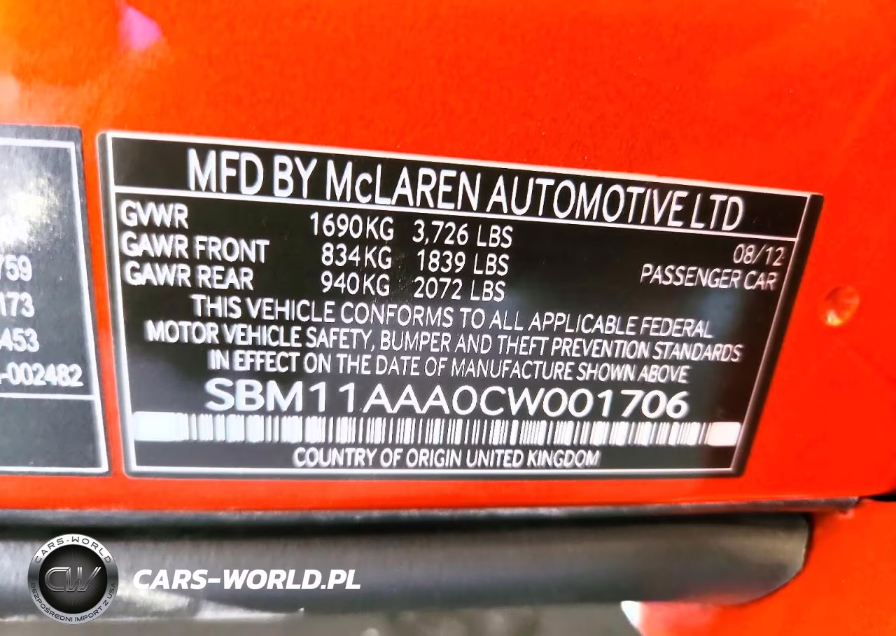 2012 Mclaren Automotive Mp4-12C VIN:SBM11AAA0CW001706 - 12