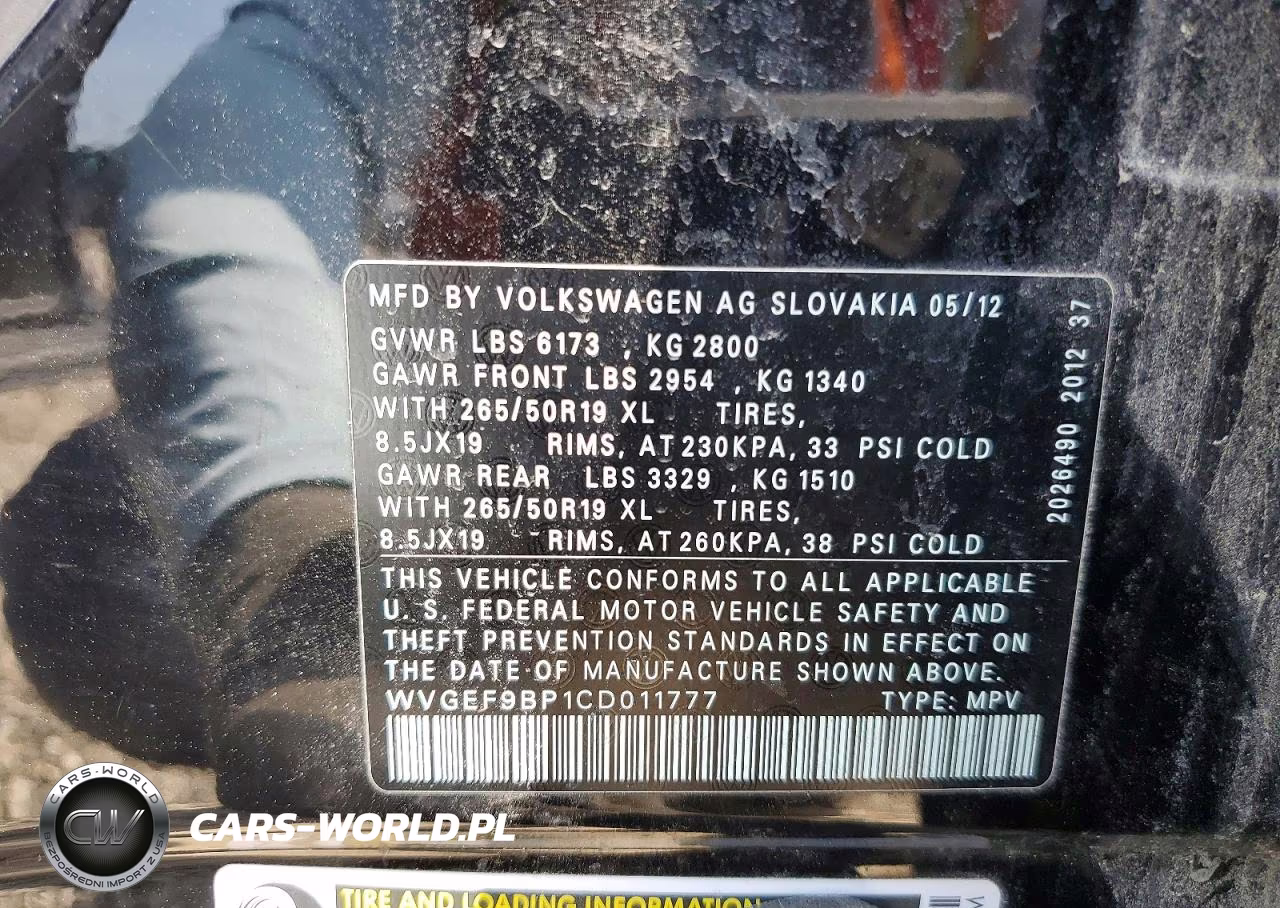 2012 Volkswagen Touareg V6 VIN:WVGEF9BP1CD011777 - 13