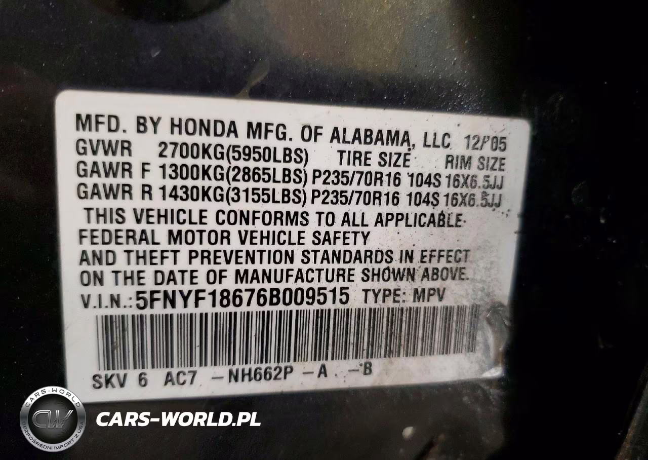 2006 Honda Pilot Ex VIN:5FNYF18676B009515 - 13