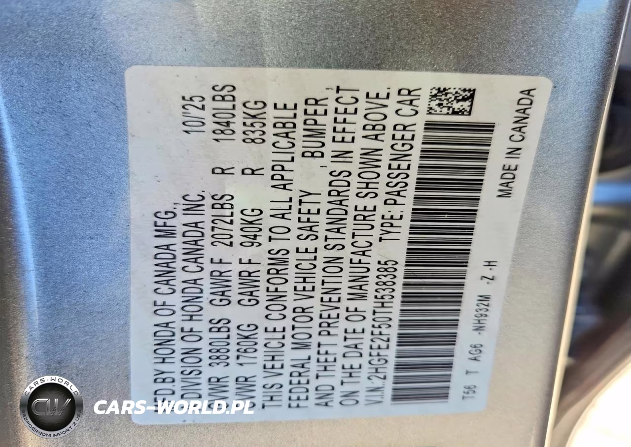 2026 Honda Civic Sport VIN:2HGFE2F50TH538385 - 12