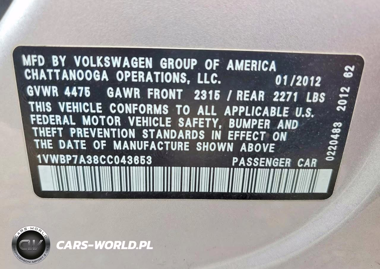 2012 Volkswagen Passat Se VIN:1VWBP7A38CC043653 - 12