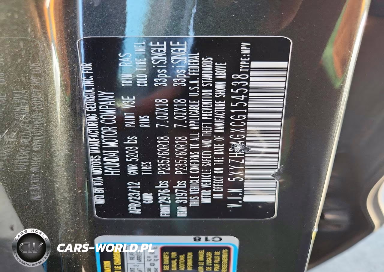 2012 Hyundai Santa Fe Se VIN:5XYZHDAGXCG154538 - 12